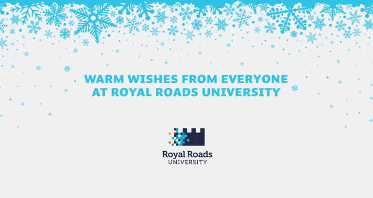 Blue snowflakes fall across a white background. The text reads: "Warm wishes from everyone at Royal Roads University."