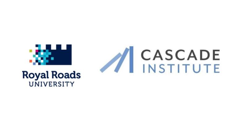 On the left, the logo for Royal Roads University, a silhouette of a castle with a rainbow of pixels coming from the left side. On the right, the Cascade Institute logo, with three vertical blue lines falling into each other like dominoes.