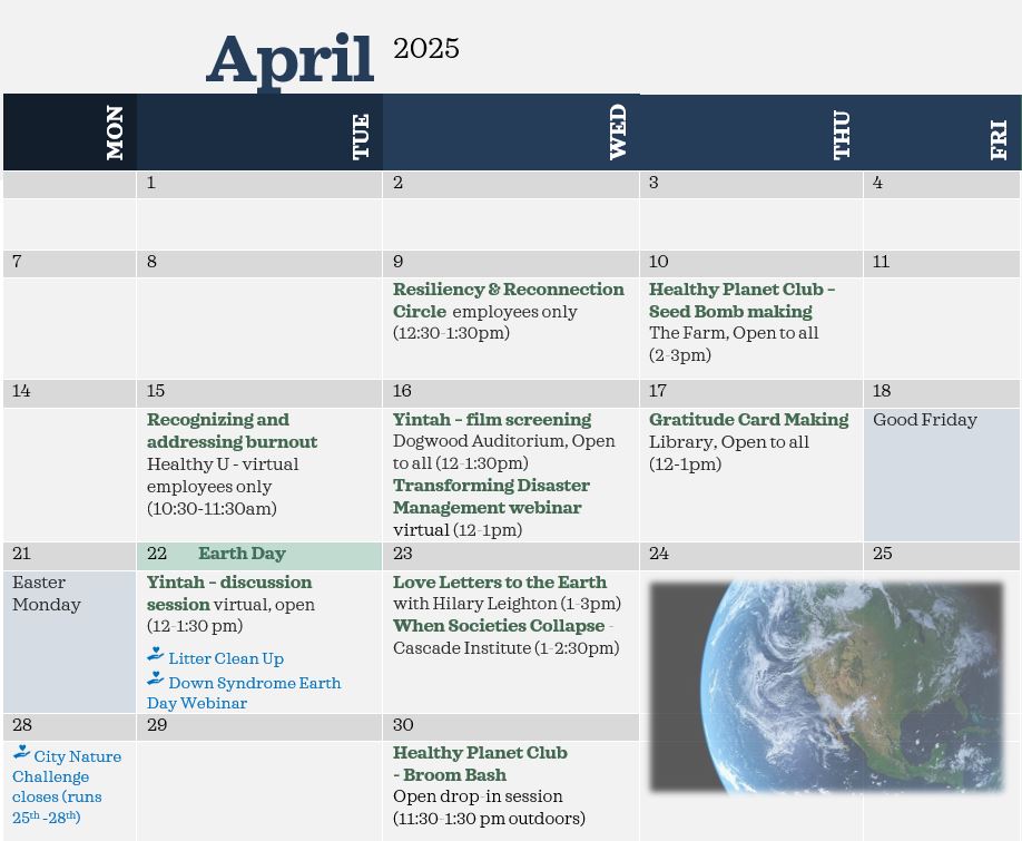 Calendar of Earth Month events in April