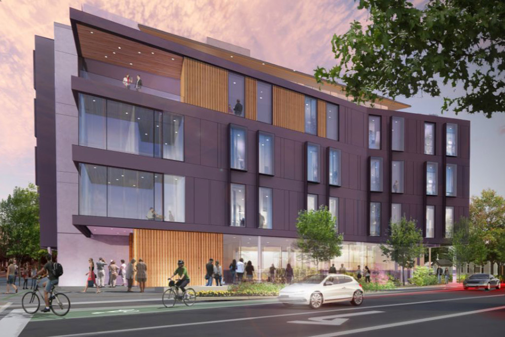 Rendering of the Langford Campus building with cars, bikes and pedestrians passing by