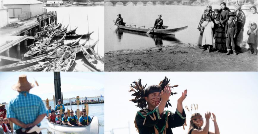 Historic and modern photos of canoeing at Esquimalt lagoon