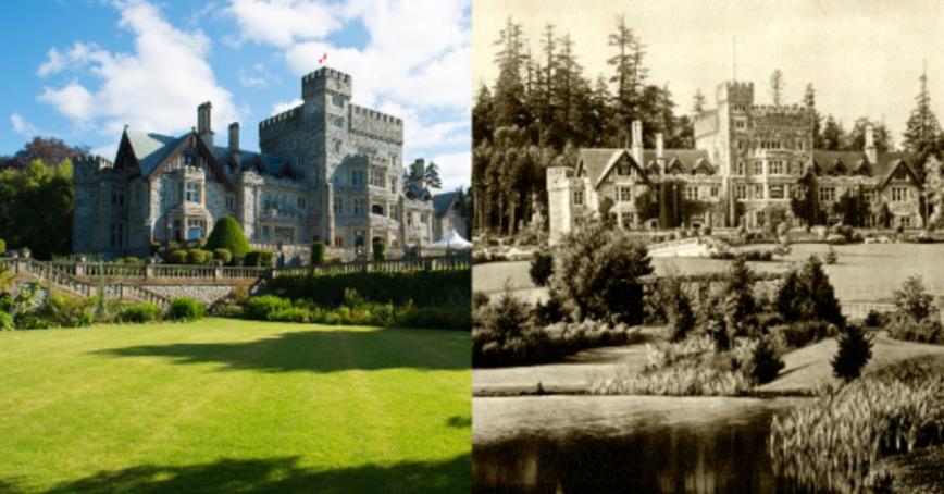 side-by-side photos of Hatley Castle