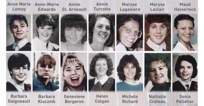 Photos of 14 women who lost their lives in horrific act of violence and misogyny at Polytechnique Montréal in 1989