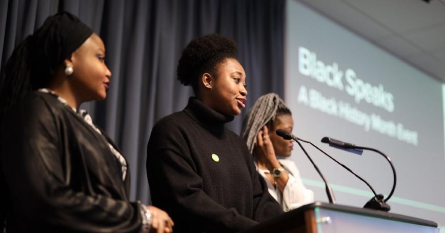 Donneil McNab, speaking at a Black Speaks event at Royal Roads. Photo/Mohit Verma/HERE Magazine