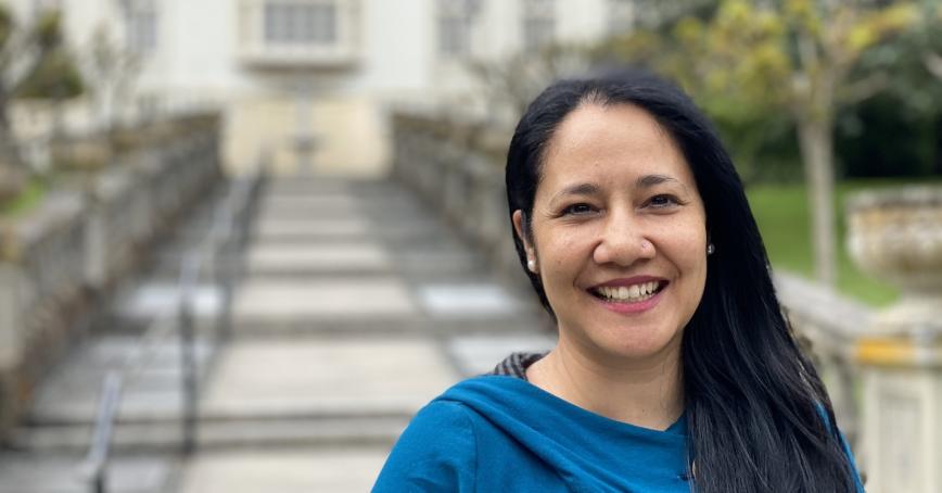 Assistant professor Athena Madan in front of the Neptune Stairs.