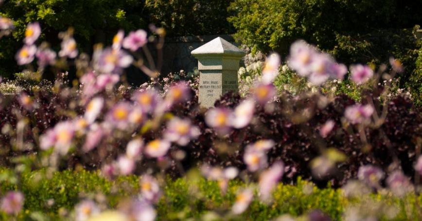 The cenotaph in Royal Roads University Italian Garden surrounded by pink flowers.