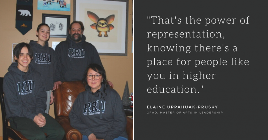 Elaine Uppahuak-Prusky and her family wearing RRU hoodies