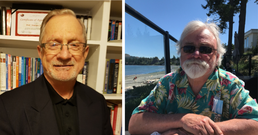 Two photos: Left photo shows a man with graying hair and beard; he also wears glasses. He is posed in front of a home office library. The man in the photo on the right has white hair and a white beard, and is wearing a summer shirt and sunglasses. He is seated at an outdoor patio, water is visible in the background. 