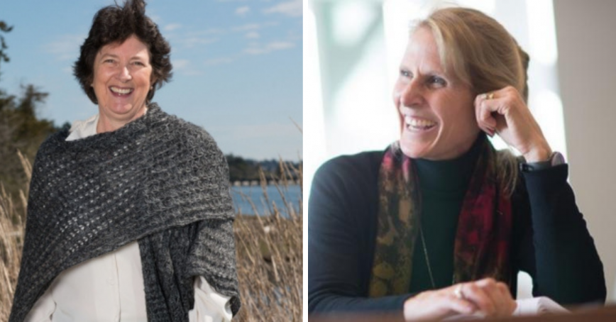 Two images side by side: Wendy Rowe in outside with the water behind her and Jennifer Walinga in a classroom.