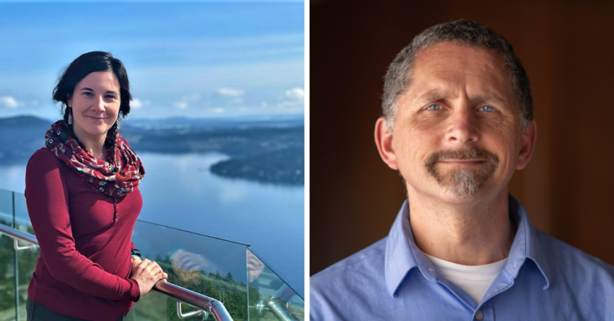 Left: Emma Thomlinson standing on a ledge with a lake behind. Right: Head shot of Eugene Thomlinson