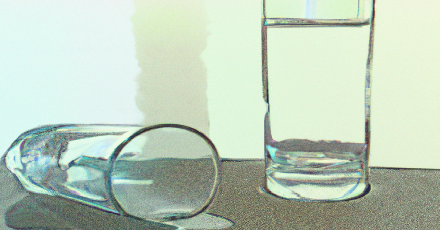 Two glasses of water on a table, one has been knocked over.