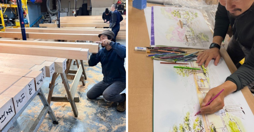 Left image, man kneeling and measuring wood beam; right image, man drawing teahouse plans