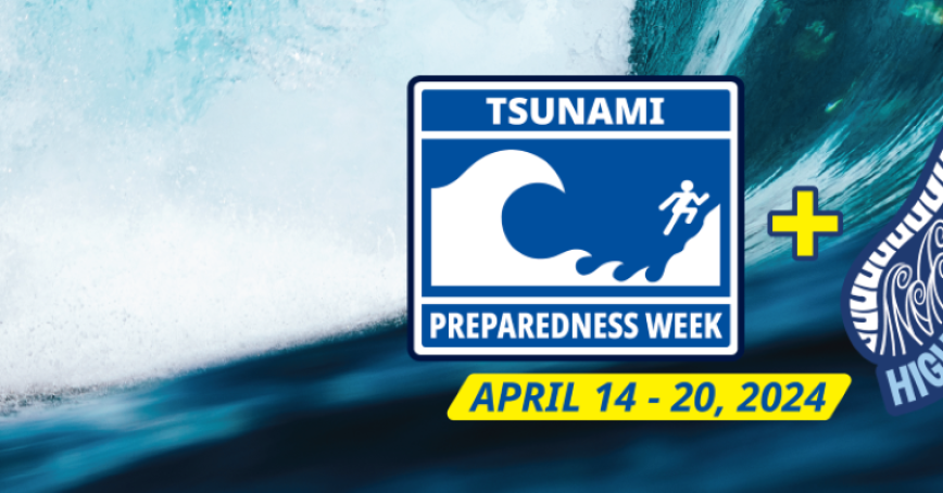 A tsunami wave in the ocean is seen in the background of this graphic with text, which also displays a cartoon footprint and the words "High Ground Hike for tsunami awareness week"