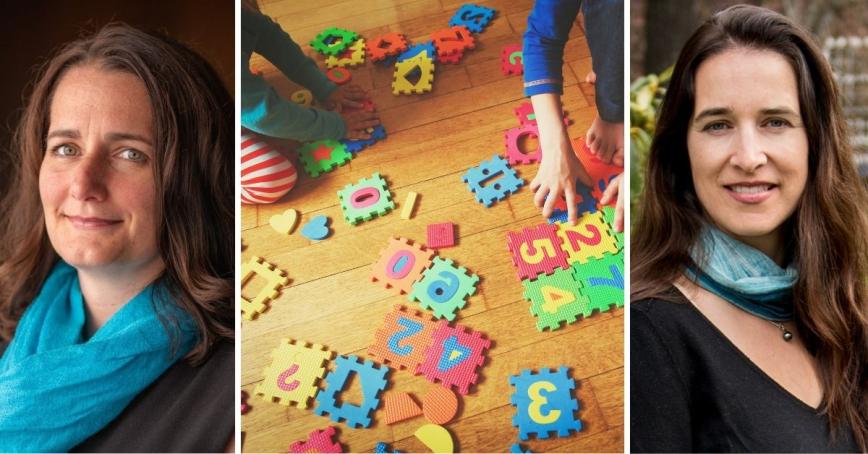 From left to right: Kathleen Manion smiling; Children playing with block numbers; Elizabeth Childs smiling