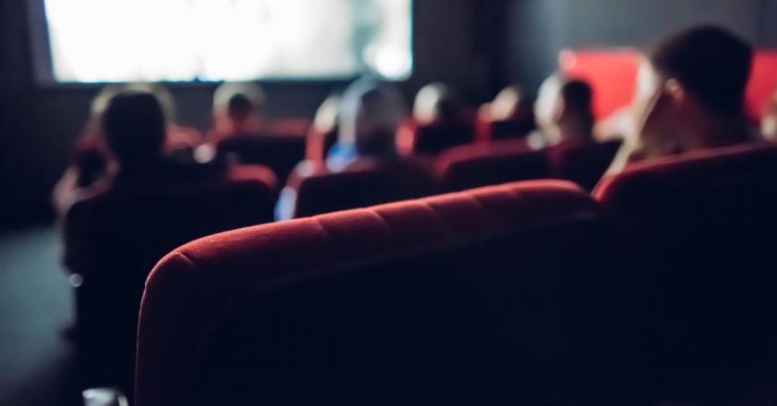 A movie theatre audience is seen from behind