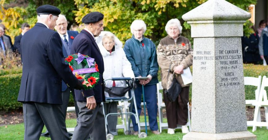 Veterans place a wreath during a Remembrance Day event at Royal Roads University