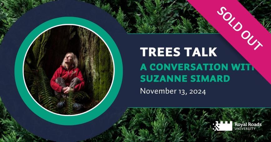 Suzanne Sinmard sits amongst the trees with event info listed and a sold out banner.