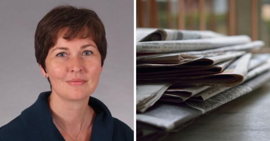 Left: Sarah Wolfe; Right: A stack of newspapers