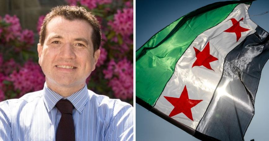 Hassan Wafai pictured alongside an image of the Syrian flag