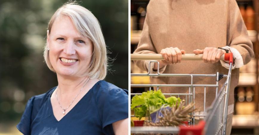 Left: Tracy Smith-Carrier smiling in front of a natural background; Right: A person pushing a full grocery cart