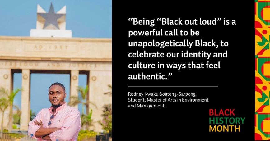 A photo of a man with the text, “Being “Black out loud” is a powerful call to be unapologetically Black, to celebrate our identity and culture in ways that feel authentic.”