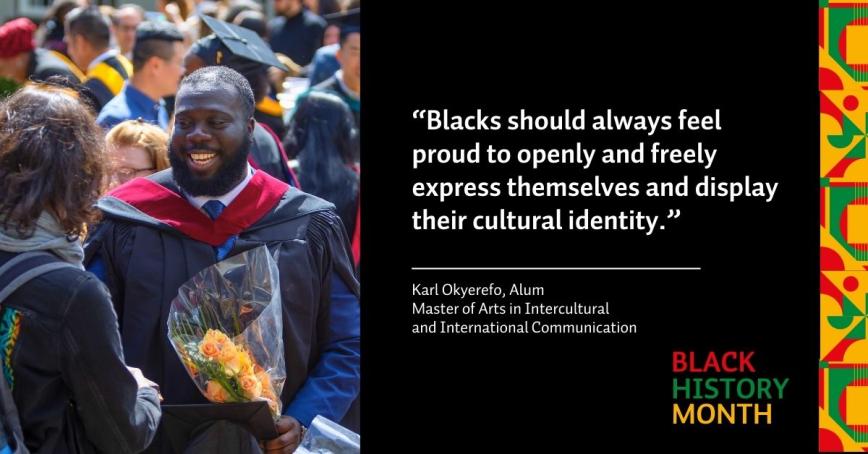 A photo of a man with the quote, "Blacks should always feel proud to openly and freely express themselves and display their cultural identity." 