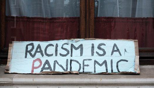 Hand made sign with the words "cacism is a pandemic" printed on it.
