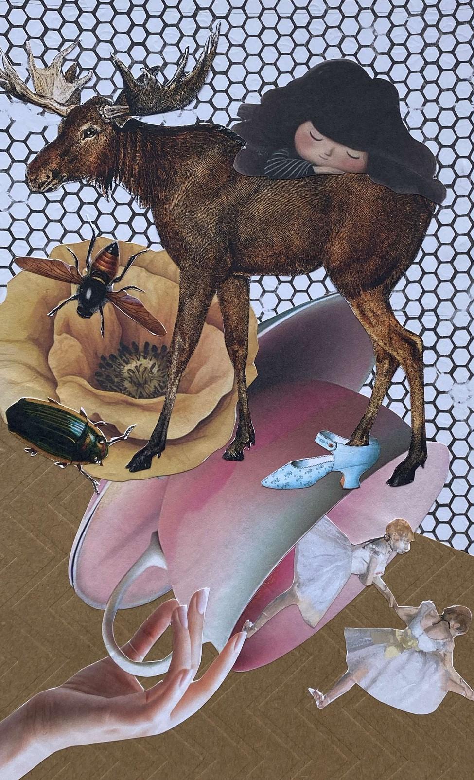 Collage of dear, children, bugs and a flower