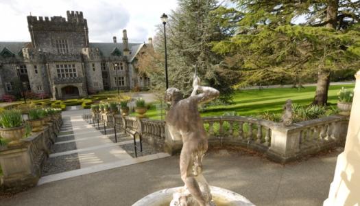 A statue situated by a walkway to Hatley Castle