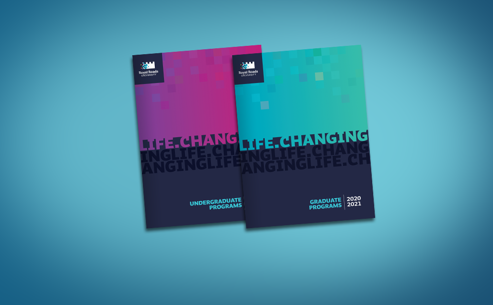 Graduate and undergraduate brochures on a blue background.