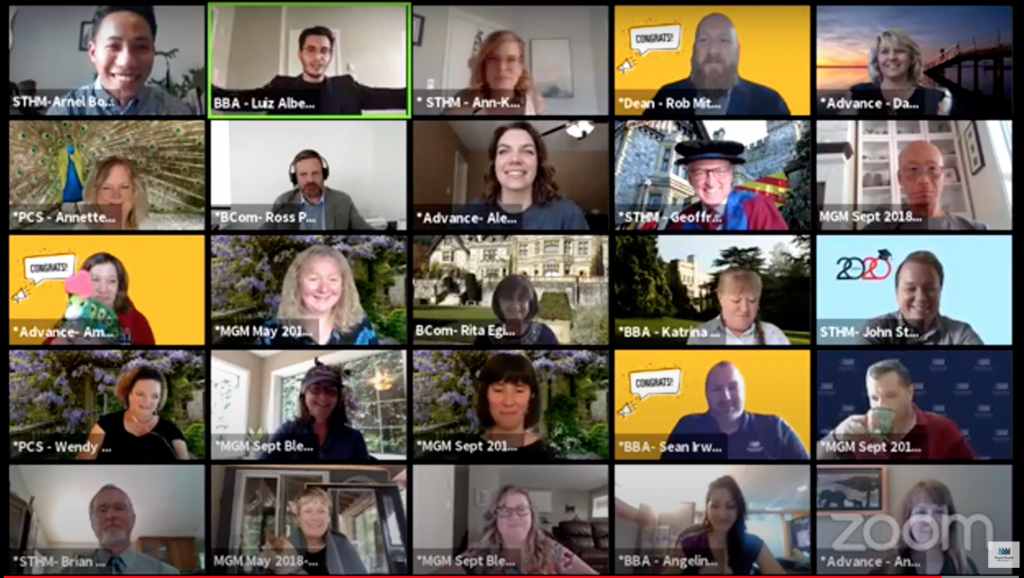 A screenshot of the 2020 Convocation Watch Party with graduates celebrating.