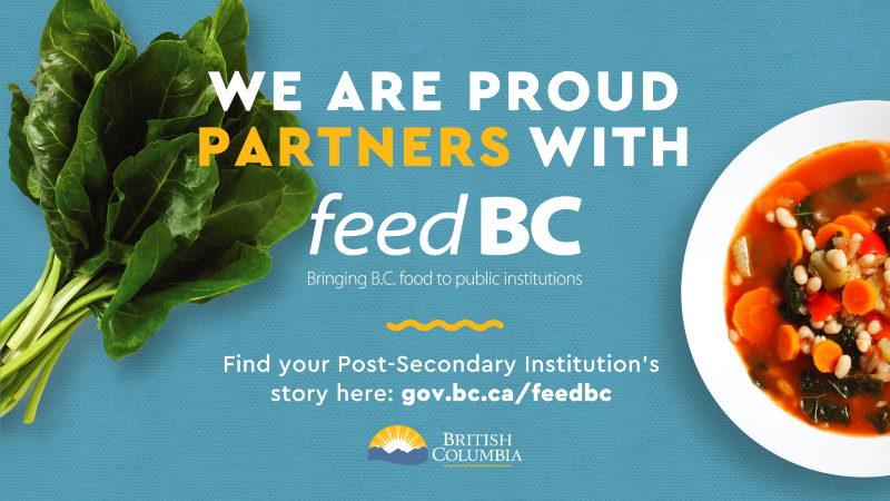 Advertisement stating: "We are proud partners with Feed BC", with a bowl of soup and leafy green spinach in the backdrop.