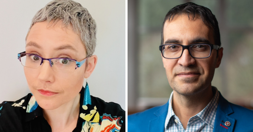 Two side-by-side headshots of a woman and a man.