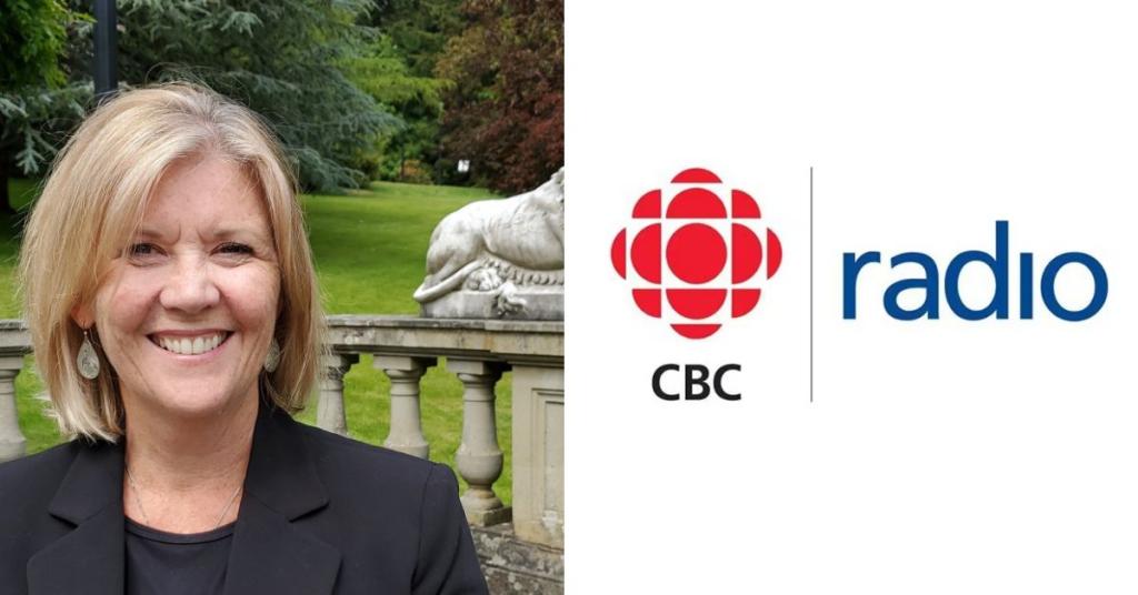 Moira McDonald smiling in front of the Neptune Stairs at Royal Roads, beside a CBC Radio logo.