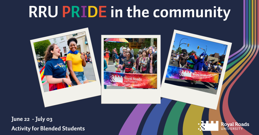 A banner with 3 Polaroids of the RRU pride banner with students.