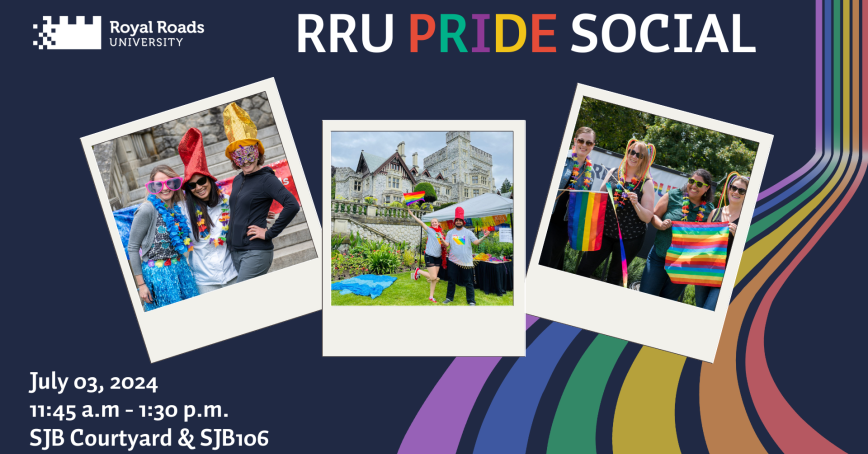 A banner with three Polaroids of students celebrating at the Pride Social.