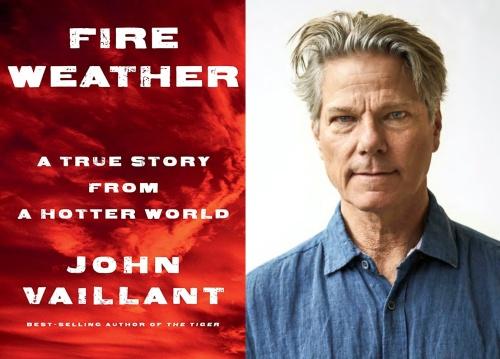 Vaillant with his starkly intelligent expression and the cover of his book, Fireweather.