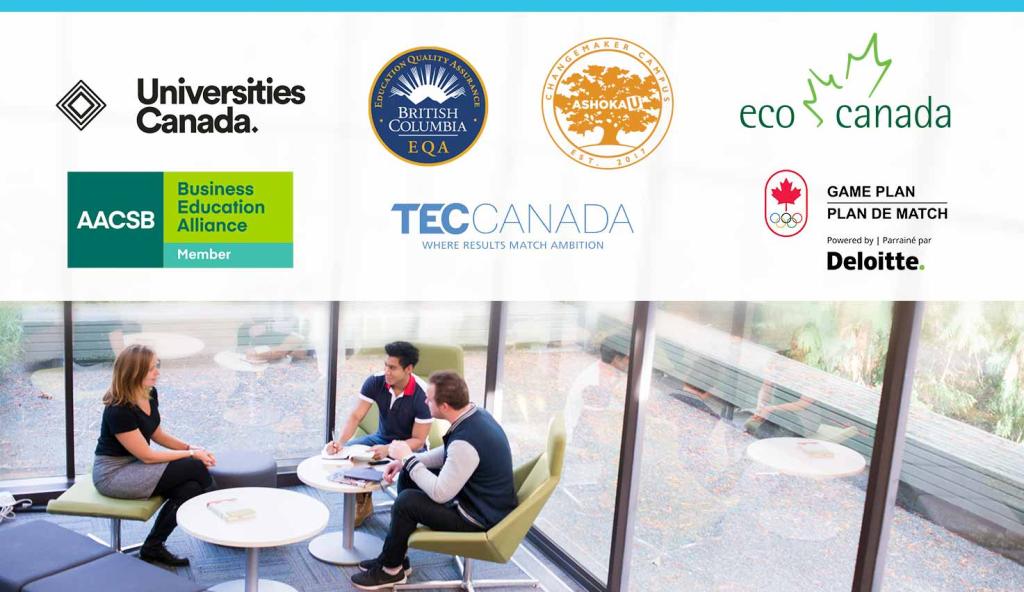 various logos of affiliations and partnerships associated with a university. The top section includes logos for Universities Canada, AACSB Business Education Alliance, British Columbia Education Quality Assurance (EQA), Ashoka Changemaker Campus, TEC Canada, ECO Canada, and Game Plan powered by Deloitte. The bottom section features a photo of three people sitting in a modern, glass-walled room, engaged in a casual discussion around a small table with notebooks and papers.