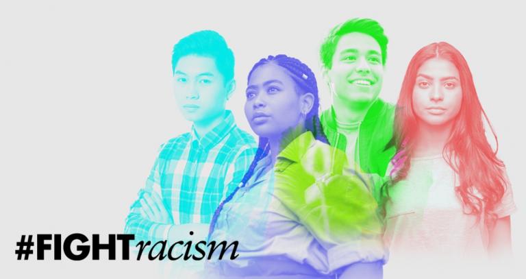 #FightRacism banner with several young people.