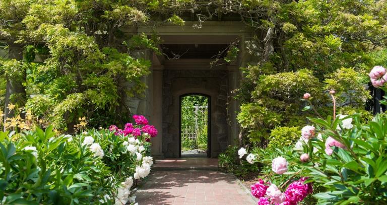 Italian Garden with peonies blooming.