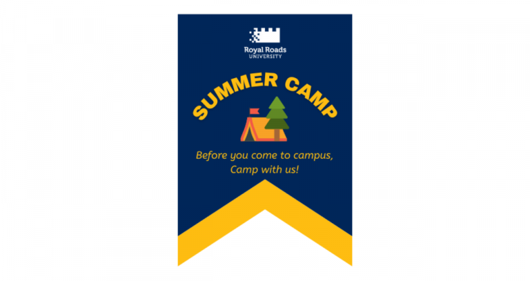 A banner with the words summer camp with a small tent and tree below it, saying "Before you come to campus, camp with us."