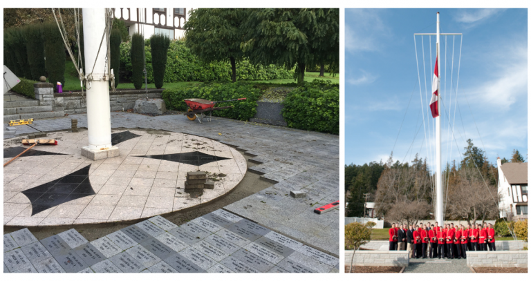 Mast with paving stones at its base; image on right shows mast with young people in uniform gathered around it