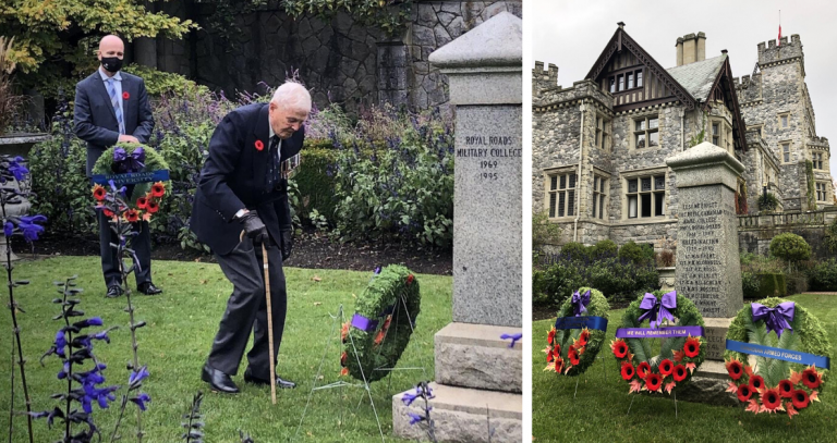 Laying wreaths at the Cenotaph in the Italian Gardens outside Hatley Castle.