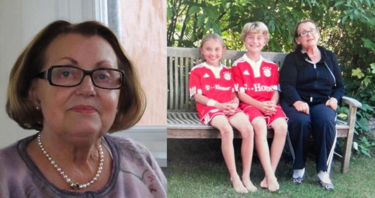 A head shot of Anni Rochon on the left and a picture of Anni sitting on a park bench with her two grandchildren on her right.