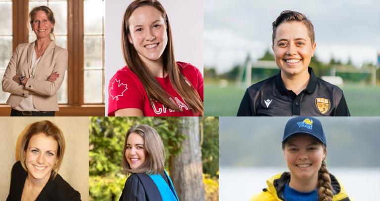 Graphic photo compilation of six women smiling out at the camera. 