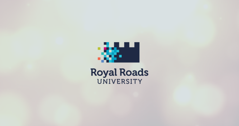 The Royal Roads University logo on a sparkly background.