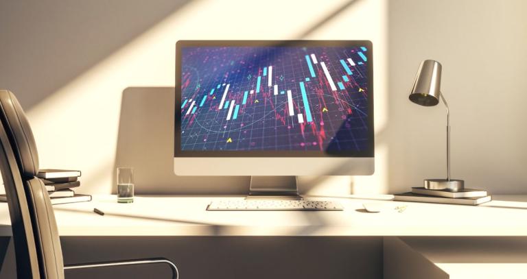 A computer with a line graph representing finances at an empty desk.