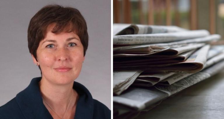 Left: Sarah Wolfe; Right: A stack of newspapers