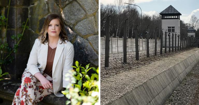 Left: Ann-Kathrin McLean in the gardens at Royal Roads. Right: Dachau Concentration Camp