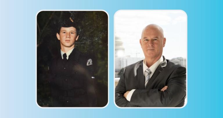 Two photos of Scott McGregor, one as a young cadet and one from present day.